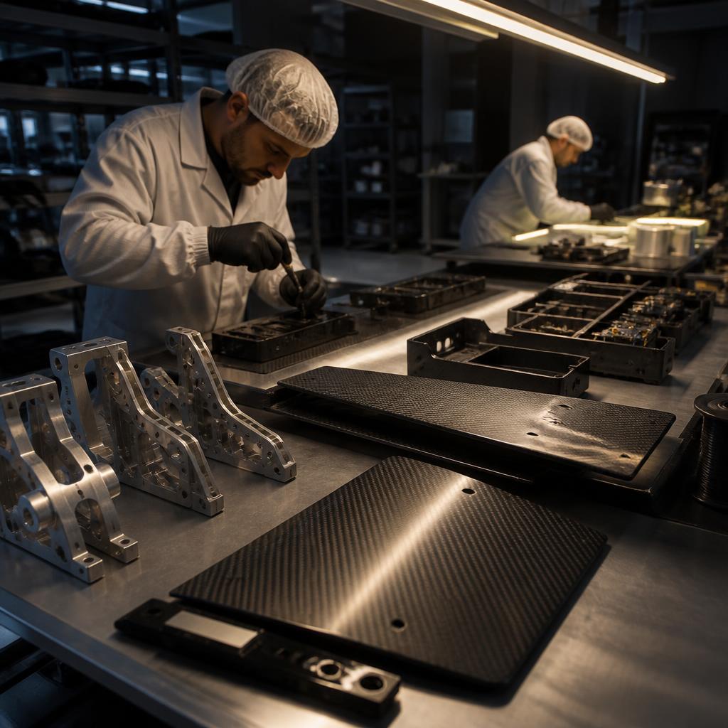 Rows of carbon-fiber composite drone airframes on assembly jigs