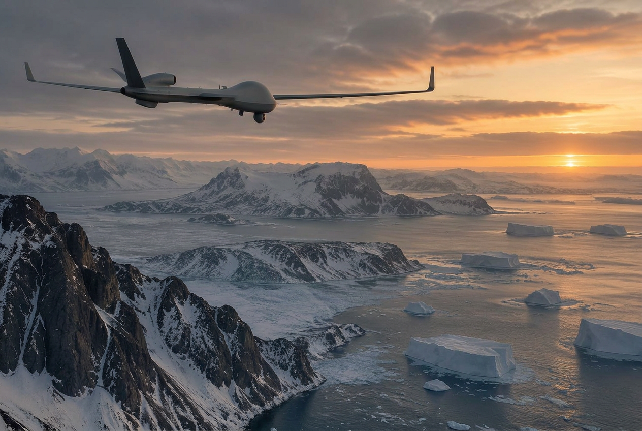 Long-endurance surveillance drone over an icy coastline at dusk