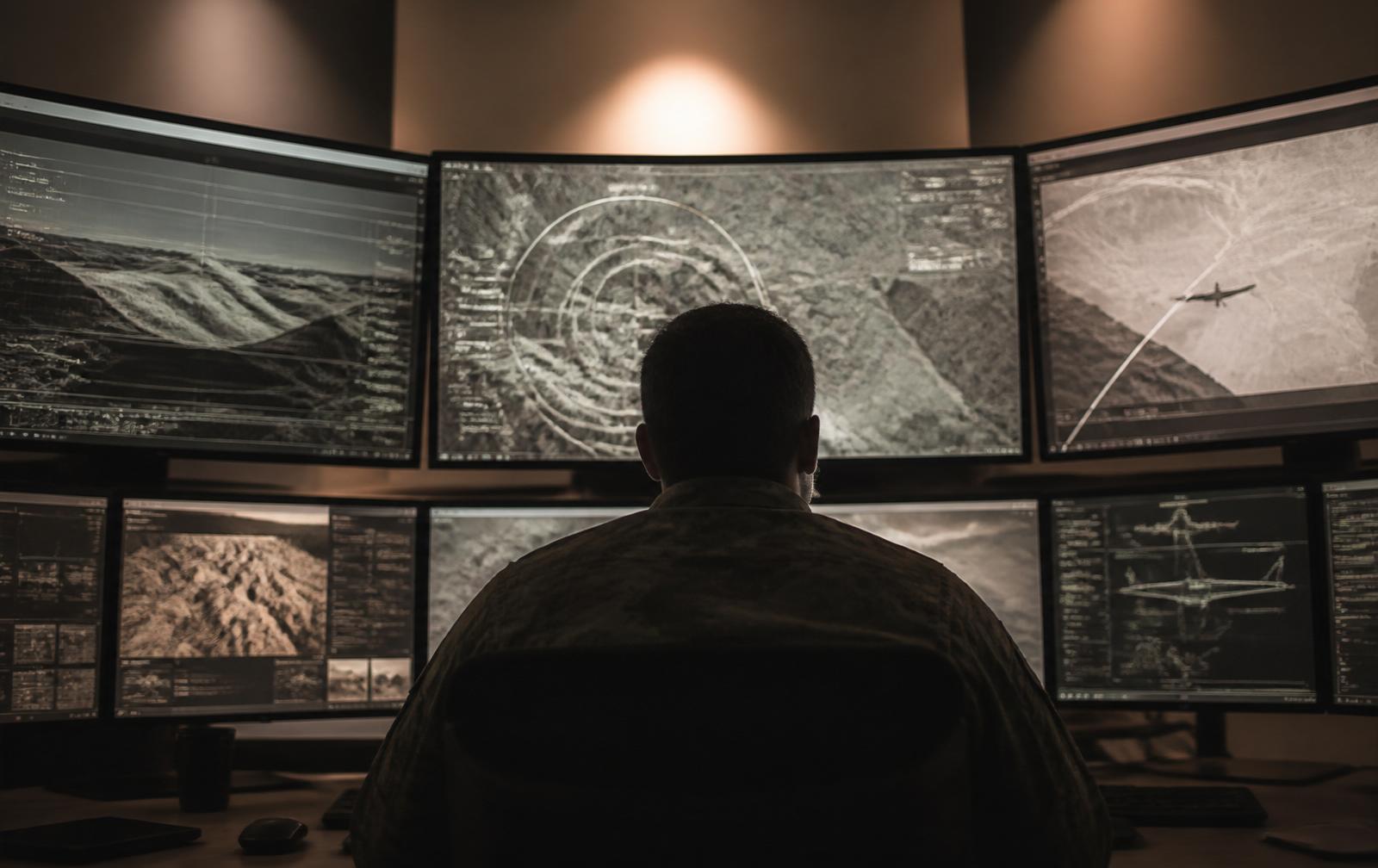 Operator at a multi-monitor mission simulation station