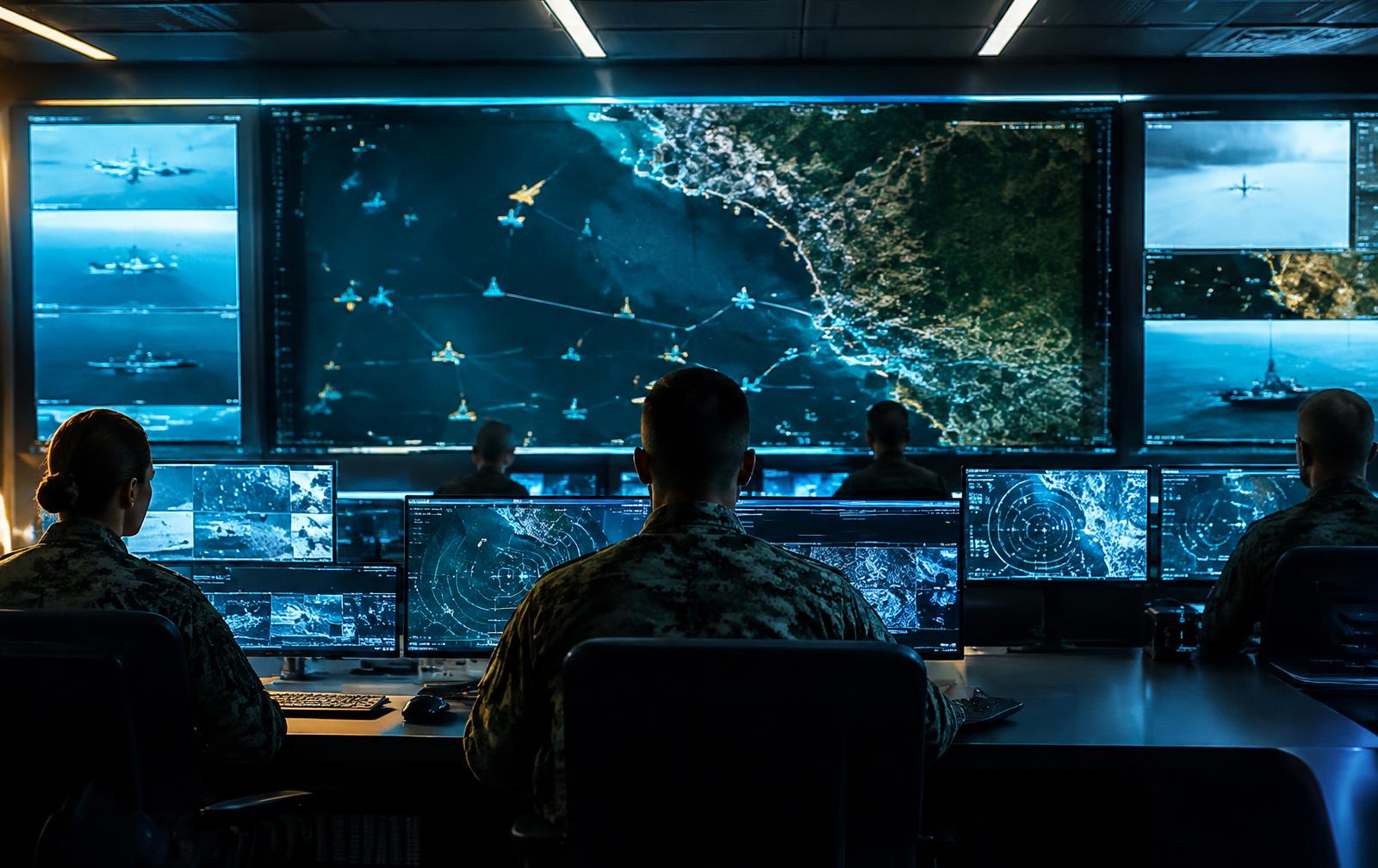 Operators in a command center tracking air, sea and ground drones on large screens