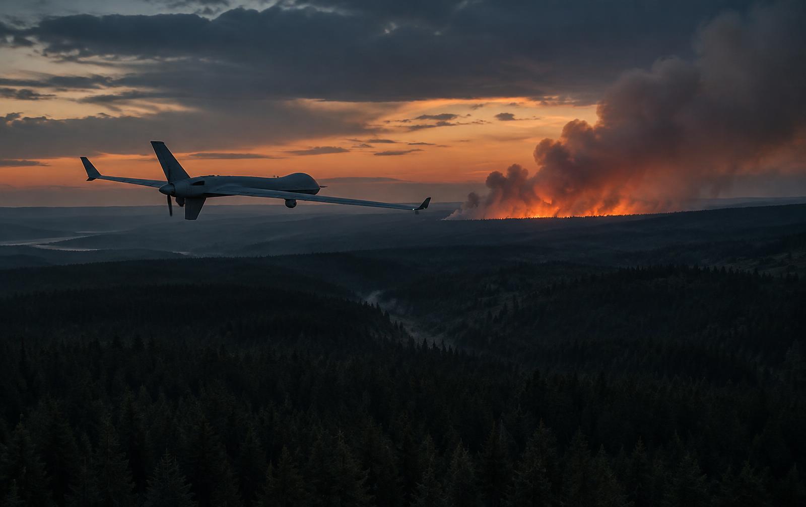 Drone over a forest near wildfire smoke